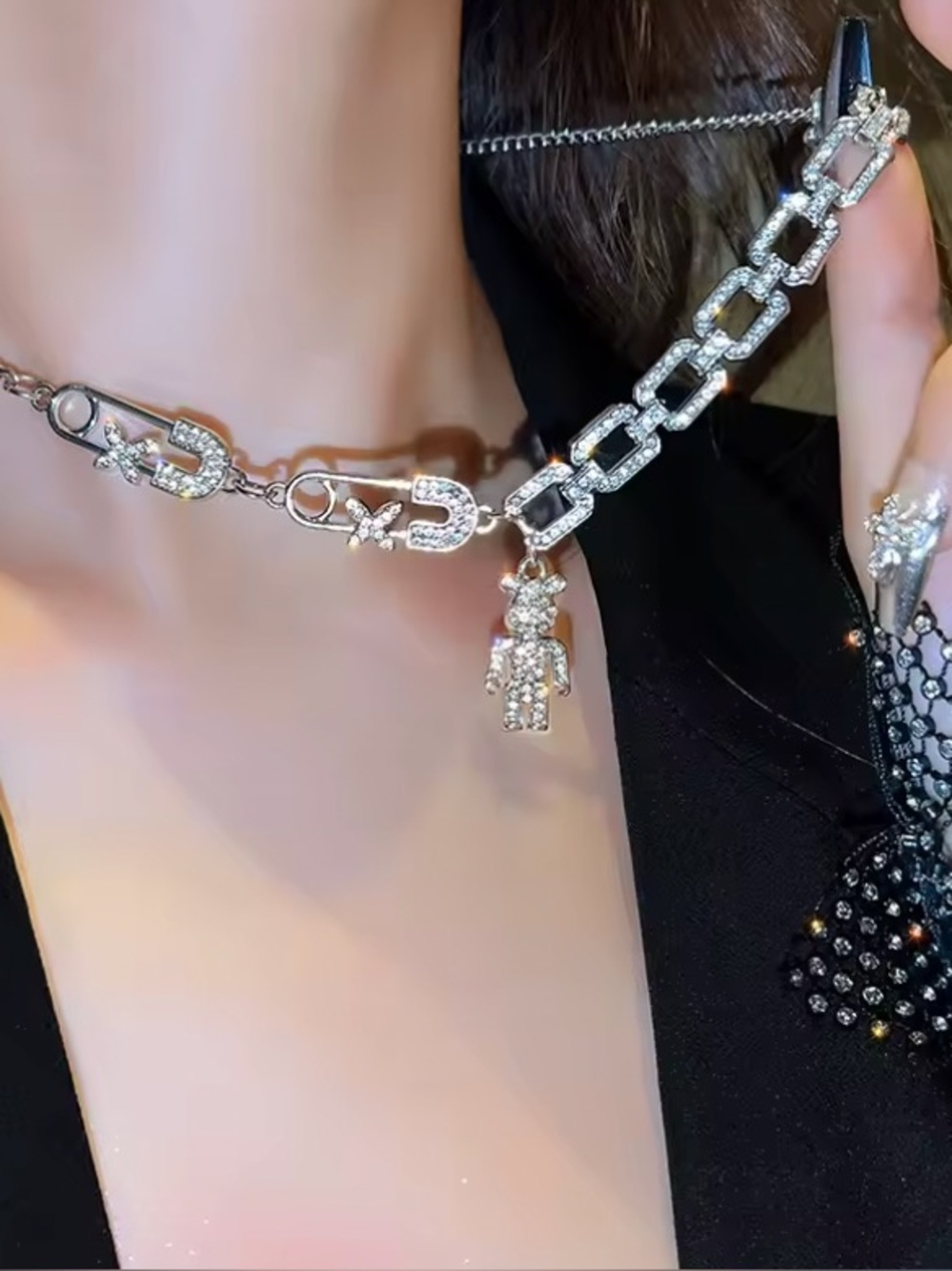 Diamond-Style Silver Tone Crystal Link Necklace with Bear Charm